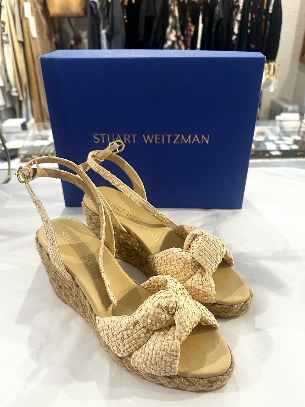 Stuart Weitzman Playa Woven Knotted Vamp Ankle Strap Wedge Espadrille Sandals